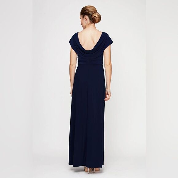 Alex Evenings NWT Cowl Neck A-Line Matte Jersey Pleated Bodice Gown Navy 12 - Picture 3 of 7